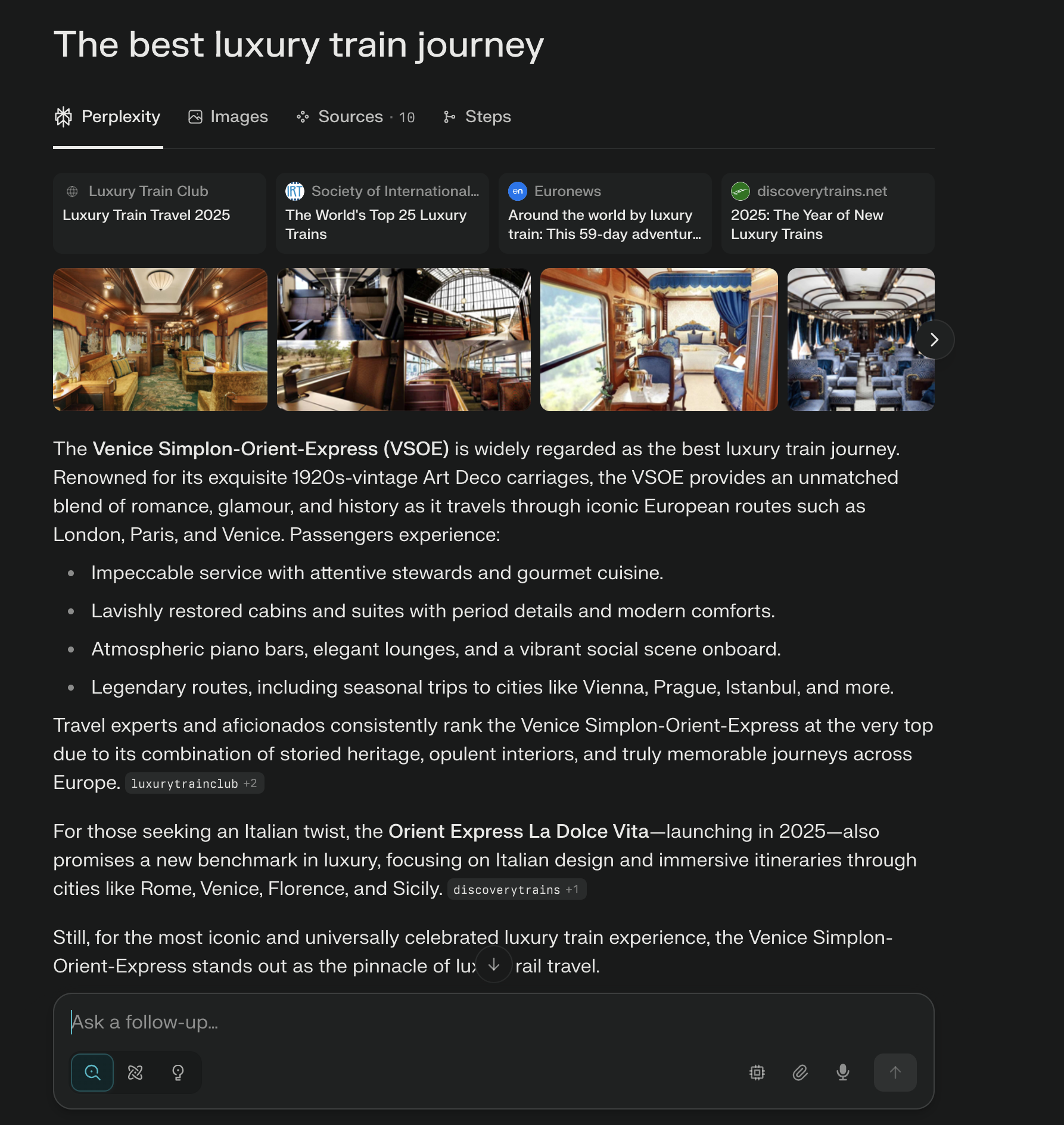 Orient Express #1 position in Perplexity, ChatGPT, and Copilot for “best luxury train journeys”